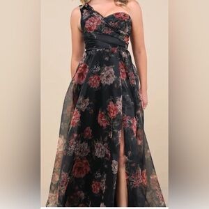 Lulu's Black and pink Floral One-Shoulder Dress
